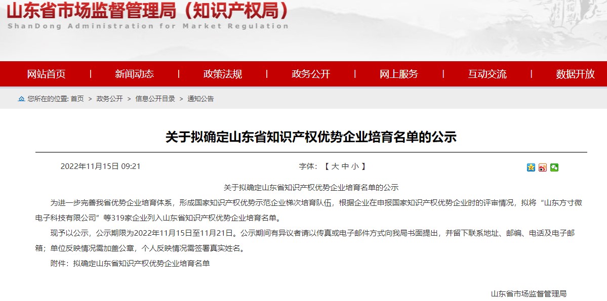 bwin必赢官方网站入选“山东省知识产权优势企业培育名单”